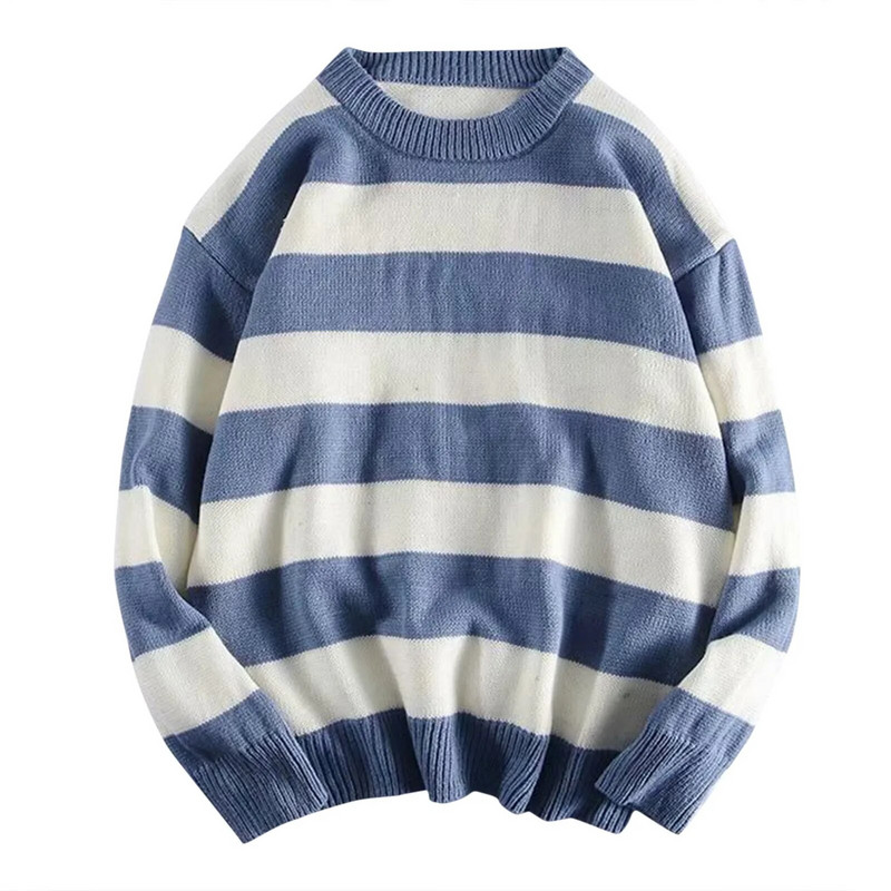 Vīriešu silts trikotāžas džemperis ikdienišķa svītrainām piedurknēm Harajuku džemperis ar garām piedurknēm apaļa kakla džemperis brīvi topi blūze