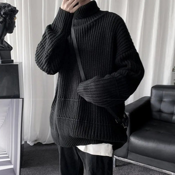 Ежедневен пуловер Уютен мъжки пуловер със средна дължина Топъл плетен пуловер с висока яка Еластичен пуловер против свиване за зима/есен Удобен свободен