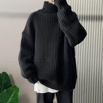 Ежедневен пуловер Уютен мъжки пуловер със средна дължина Топъл плетен пуловер с висока яка Еластичен пуловер против свиване за зима/есен Удобен свободен