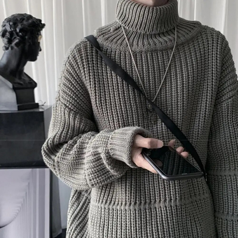 Ikdienas džemperis, mājīgs vidēja garuma vīriešu džemperis, silts trikotāžas džemperis ar augstu apkakli, elastīgs, nesaraušanās džemperis ziemas/rudens komfortam, brīvs