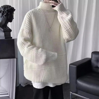 Пуловер за студено време Уютен мъжки пуловер със средна дължина Топъл плетен пуловер с висока яка Еластичен пуловер против свиване за комфорт през зимата/есента