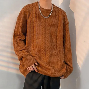 Плетива Вълнен плетен пуловер Мъжки трикотажни пуловери с дълги ръкави с О деколте Основни едноцветни ежедневни модни мъжки горнища