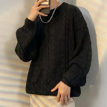 Плетива Вълнен плетен пуловер Мъжки трикотажни пуловери с дълги ръкави с О деколте Основни едноцветни ежедневни модни мъжки горнища