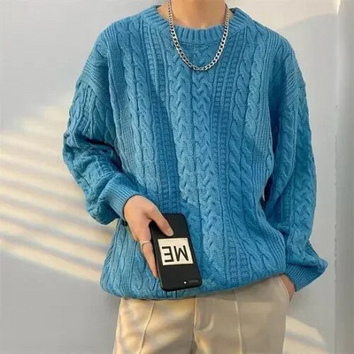 Trikotāžas izstrādājumi Vilnas trikotāžas džemperis Vīriešu O kakla Trikotāžas ar garām piedurknēm Vīriešu Lielizmēra Pulovers Pamata vienkrāsaini ikdienas modes vīriešu topi