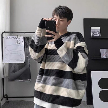 Мъжки дрехи Раирани дълги плетени пуловери за мъже Кафяви пуловери S 90s Vintage Y2k A Корейски 2023 Есенни джъмпери с яка Overfit X