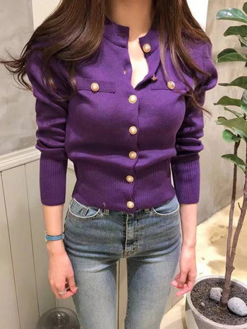 Zoki Нова дамска жилетка Пуловер Мода Пролетно плетено късо палто с дълъг ръкав Chic Корейско тънко копче Дамски меки топове