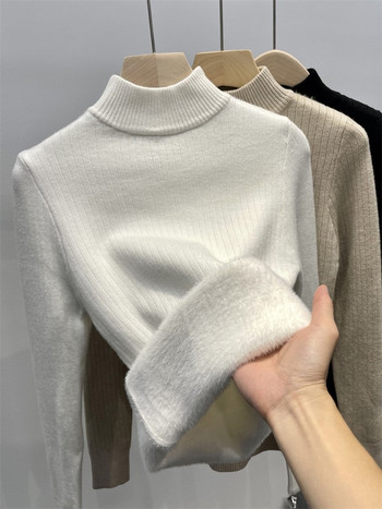 Χειμωνιάτικο ζεστό πουλόβερ πουλόβερ Γυναικεία Slim Thicken Βελούδινη επένδυση Πλεκτά Πλεκτά Κορεάτικα μισό ζιβάγκο Poleras μαλακά πλεκτά μπλουζάκια