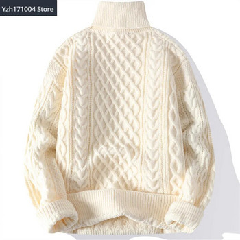 Висококачествени мъжки пуловери с висока яка Пуловер Едноцветен плетен пуловер Мъжки ежедневни пуловери Есен Зима Топъл трикотаж Мъжки