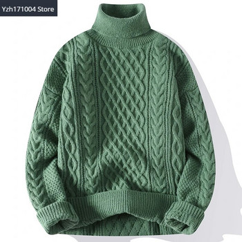 Висококачествени мъжки пуловери с висока яка Пуловер Едноцветен плетен пуловер Мъжки ежедневни пуловери Есен Зима Топъл трикотаж Мъжки