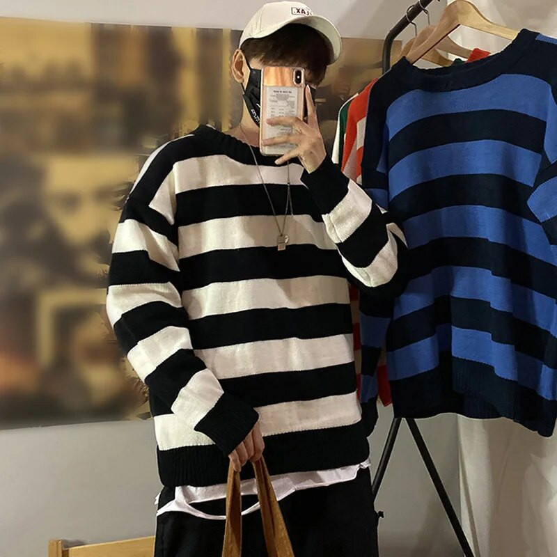 Stripe Trikotāžas džemperis Vīriešu Rudens Ziemas Baggy Garās Piedurknes Topi Modes Visi-Match Trend Streetwear Ins Vintage Y2K vīriešu apģērbi