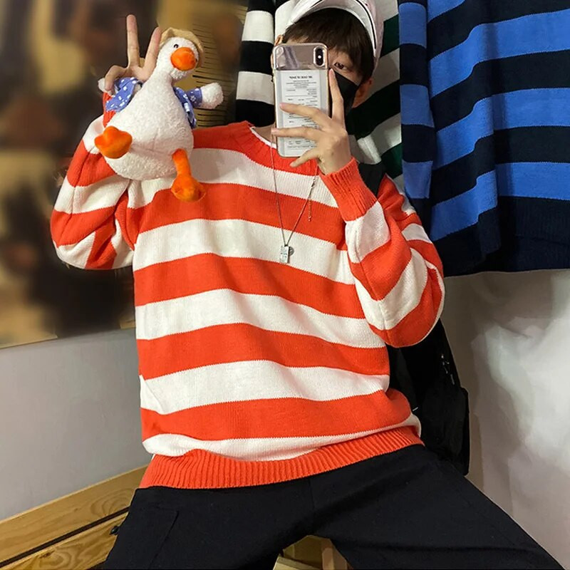 Stripe Trikotāžas džemperis Vīriešu Rudens Ziemas Baggy Garās Piedurknes Topi Modes Visi-Match Trend Streetwear Ins Vintage Y2K vīriešu apģērbi