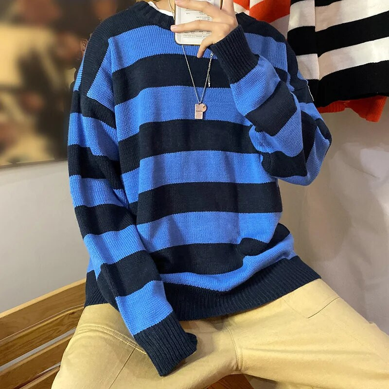 Stripe Trikotāžas džemperis Vīriešu Rudens Ziemas Baggy Garās Piedurknes Topi Modes Visi-Match Trend Streetwear Ins Vintage Y2K vīriešu apģērbi