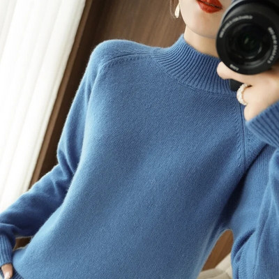 2023 Φθινοπωρινό Χειμώνα Χοντρό Ζεστό Πουλόβερ Γυναικείο Πουλόβερ Κασμίρι με μισό γιακά Κορεατικό Μασίφ Πράσινο Casual Basic Πλεκτό Πουλόβερ