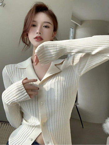 Жилетка Дамски тънък моден корейски стил Пролетно плетено връхно облекло Шик, секси пуловер с дълъг ръкав Нов семпъл ежедневен ежедневен ретро