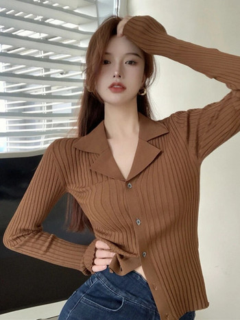 Жилетка Дамски тънък моден корейски стил Пролетно плетено връхно облекло Шик, секси пуловер с дълъг ръкав Нов семпъл ежедневен ежедневен ретро