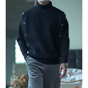 Нов мъжки пуловер за есен/зима 2023 г., красив, семпъл, моден, универсален пуловер с високо деколте, плетен