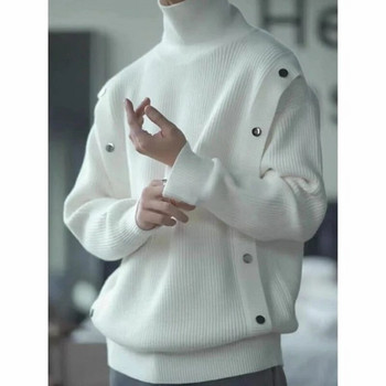 Нов мъжки пуловер за есен/зима 2023 г., красив, семпъл, моден, универсален пуловер с високо деколте, плетен