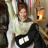 Džemperi Sieviešu retro ielu apģērbi Patchwork omulīgs V-veida kakla izgriezums Ulzzang jaka Ins Studentu Eleganta Moderna ikdienišķa adīšana Vienkārša Mujer