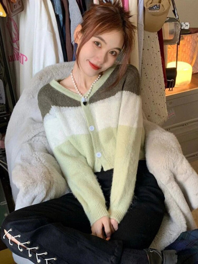 Džemperi Sieviešu retro ielu apģērbi Patchwork omulīgs V-veida kakla izgriezums Ulzzang jaka Ins Studentu Eleganta Moderna ikdienišķa adīšana Vienkārša Mujer