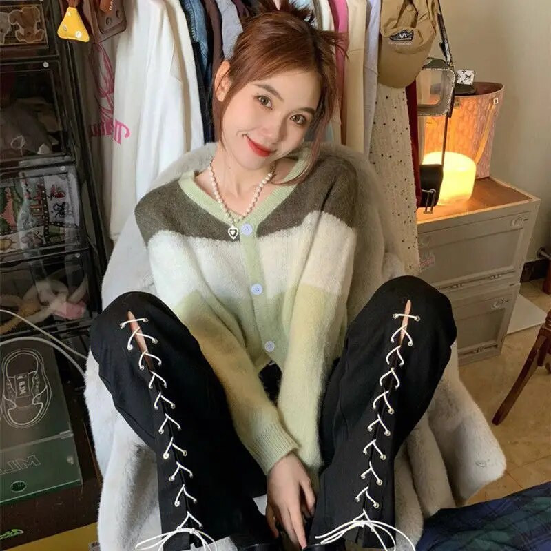 Džemperi Sieviešu retro ielu apģērbi Patchwork omulīgs V-veida kakla izgriezums Ulzzang jaka Ins Studentu Eleganta Moderna ikdienišķa adīšana Vienkārša Mujer