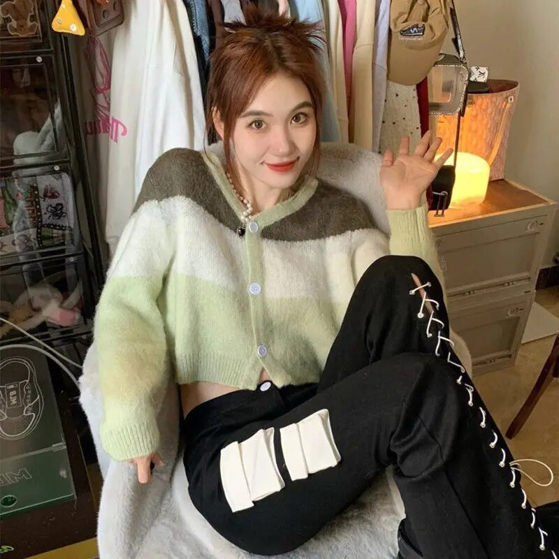 Džemperi Sieviešu retro ielu apģērbi Patchwork omulīgs V-veida kakla izgriezums Ulzzang jaka Ins Studentu Eleganta Moderna ikdienišķa adīšana Vienkārša Mujer