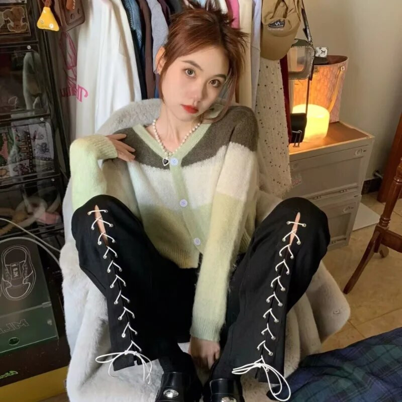 Džemperi Sieviešu retro ielu apģērbi Patchwork omulīgs V-veida kakla izgriezums Ulzzang jaka Ins Studentu Eleganta Moderna ikdienišķa adīšana Vienkārša Mujer