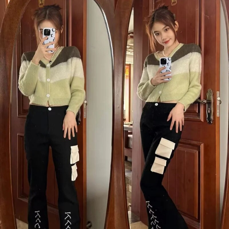 Džemperi Sieviešu retro ielu apģērbi Patchwork omulīgs V-veida kakla izgriezums Ulzzang jaka Ins Studentu Eleganta Moderna ikdienišķa adīšana Vienkārša Mujer