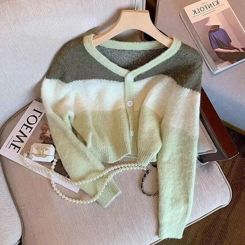 Džemperi Sieviešu retro ielu apģērbi Patchwork omulīgs V-veida kakla izgriezums Ulzzang jaka Ins Studentu Eleganta Moderna ikdienišķa adīšana Vienkārša Mujer