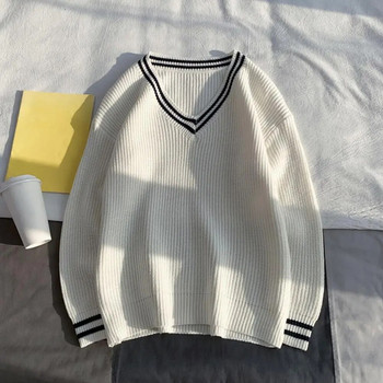 2023 Пуловери Мъжки раирани V-образно деколте Плетени есенни изчистени корейски стил Harajuku Модни ежедневни разнообразни двойки Шик Свободни нови
