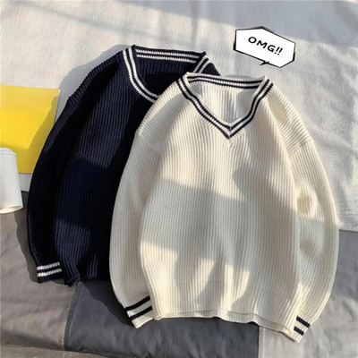 2023 Sweaters Men Striped V Neck Knitted Autumn Simple Korean Style Harajuku Fashion Casual All-Match Couples Chic Loose New