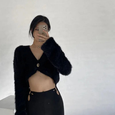 Ζακέτα Γυναικεία Crops Γυναικεία Hipster Harajuku Σέξι ρετρό κορεάτικο στυλ Καθαρό χρώμα Νέο casual all-match Φθινόπωρο Χειμώνας Βασικό πουλόβερ