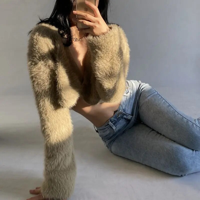 Ζακέτα Γυναικεία Crops Γυναικεία Hipster Harajuku Σέξι ρετρό κορεάτικο στυλ Καθαρό χρώμα Νέο casual all-match Φθινόπωρο Χειμώνας Βασικό πουλόβερ