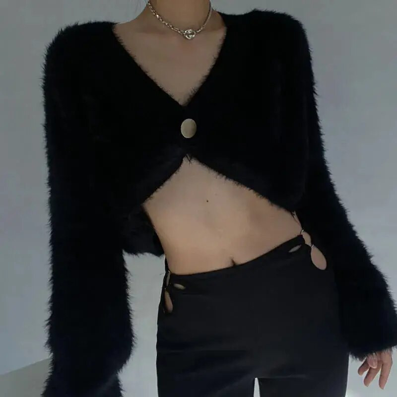 Ζακέτα Γυναικεία Crops Γυναικεία Hipster Harajuku Σέξι ρετρό κορεάτικο στυλ Καθαρό χρώμα Νέο casual all-match Φθινόπωρο Χειμώνας Βασικό πουλόβερ