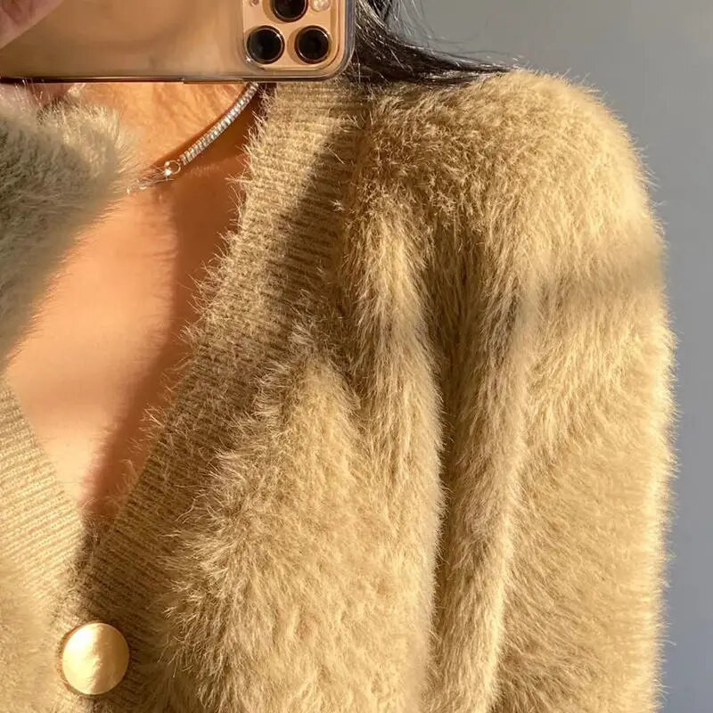 Ζακέτα Γυναικεία Crops Γυναικεία Hipster Harajuku Σέξι ρετρό κορεάτικο στυλ Καθαρό χρώμα Νέο casual all-match Φθινόπωρο Χειμώνας Βασικό πουλόβερ