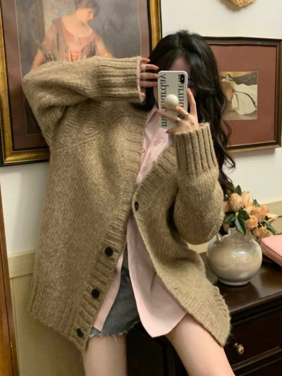 Dámske kardigany, voľné, jednoduché, pevné, voľnočasové, vintage, jemné, s výstrihom do V, OL, streetwear, nové zimné, univerzálne, pletené, študentské, svetre