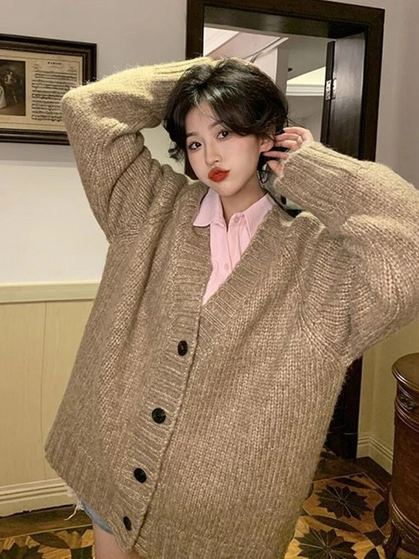 Dámske kardigany, voľné, jednoduché, pevné, voľnočasové, vintage, jemné, s výstrihom do V, OL, streetwear, nové zimné, univerzálne, pletené, študentské, svetre