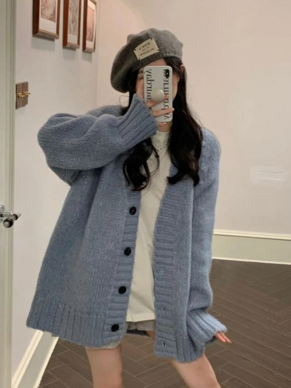 Dámske kardigany, voľné, jednoduché, pevné, voľnočasové, vintage, jemné, s výstrihom do V, OL, streetwear, nové zimné, univerzálne, pletené, študentské, svetre