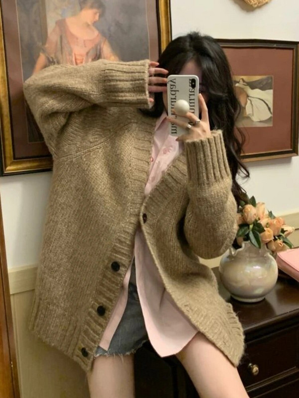 Dámske kardigany, voľné, jednoduché, pevné, voľnočasové, vintage, jemné, s výstrihom do V, OL, streetwear, nové zimné, univerzálne, pletené, študentské, svetre
