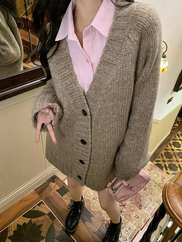 Dámske kardigany, voľné, jednoduché, pevné, voľnočasové, vintage, jemné, s výstrihom do V, OL, streetwear, nové zimné, univerzálne, pletené, študentské, svetre
