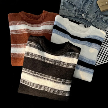 Нови мъжки раирани пуловери с О-образно деколте с цветни блокове Корейски модни плетени пуловери Есенни ретро свободни дрехи Homme Y2K