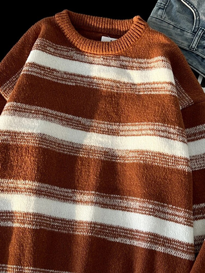 Jauni vīriešu svītraini krāsaini džemperi ar O veida kakla izgriezumu korejiešu modes trikotāžas džemperi Rudens vintage brīvi velkami Homme Y2K apģērbi