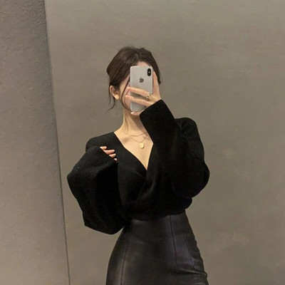 MEXZT melni džemperi sieviešu korejiešu neregulāra V kakla izgriezuma trikotāžas džemperi biroja dāmu eleganti adījumi rudens ziemas cieti džemperi