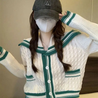 Sieviešu jaciņa paneļi, maiga jūrnieka apkakle, salda, trikotāžas stils, slinks, silts, siltas meiteņu kabatas, vispiemērotākais apģērbs Ulzzang