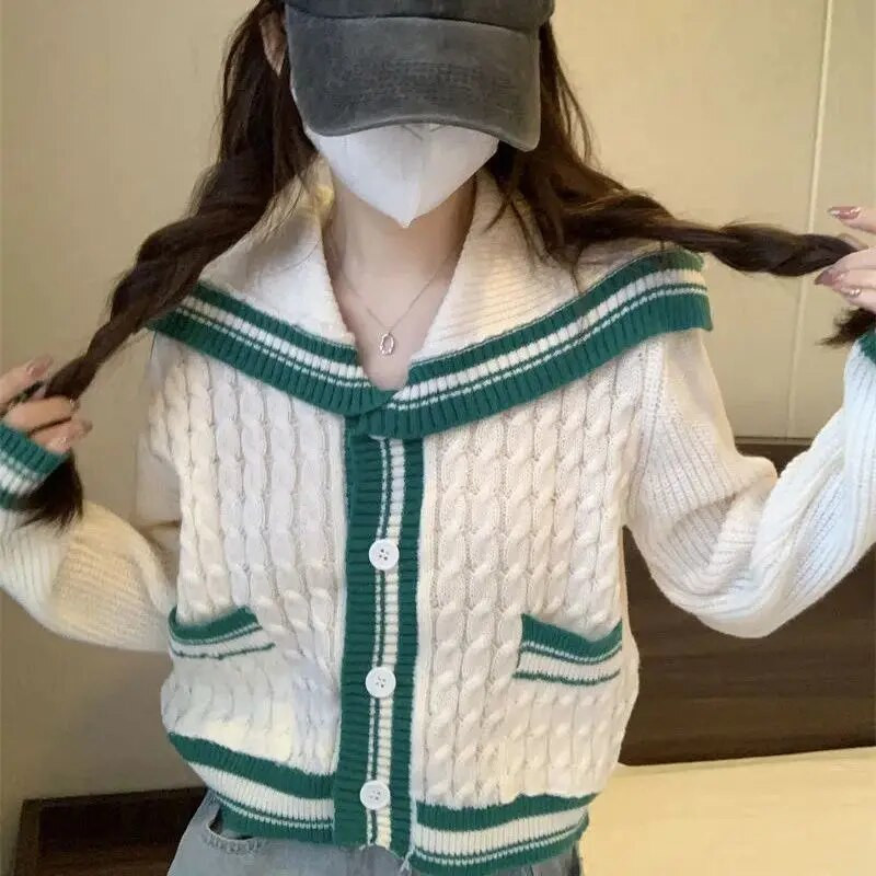 Sieviešu jaciņa paneļi, maiga jūrnieka apkakle, salda, trikotāžas stils, slinks, silts, siltas meiteņu kabatas, vispiemērotākais apģērbs Ulzzang