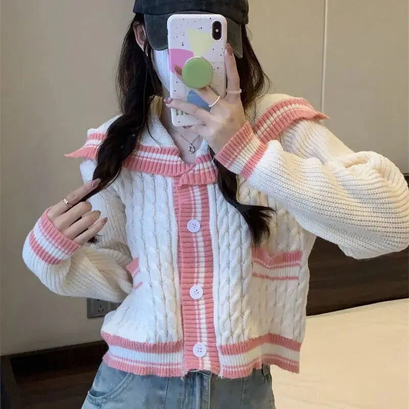 Sieviešu jaciņa paneļi, maiga jūrnieka apkakle, salda, trikotāžas stils, slinks, silts, siltas meiteņu kabatas, vispiemērotākais apģērbs Ulzzang