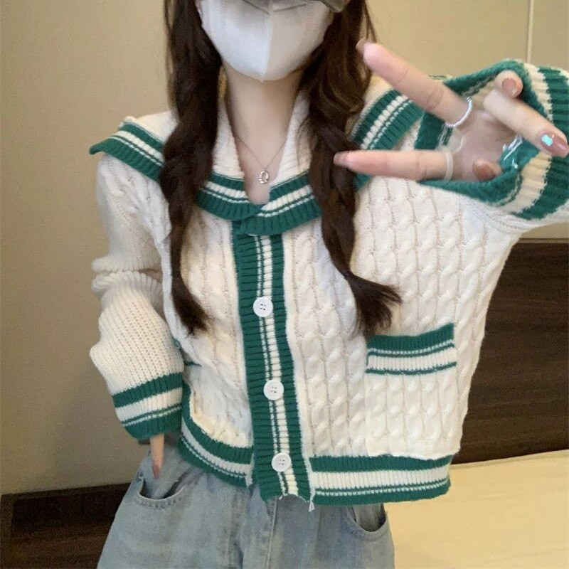 Sieviešu jaciņa paneļi, maiga jūrnieka apkakle, salda, trikotāžas stils, slinks, silts, siltas meiteņu kabatas, vispiemērotākais apģērbs Ulzzang