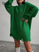 Γυναικεία μόδα με σκισμένο λαιμόκοψη με μακρυμάνικο πλεκτό πουλόβερ Γυναικεία casual loose πουλόβερ Top Office Lady Street Knitwear Πλεκτά πουλόβερ