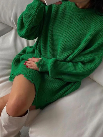 Γυναικεία μόδα με σκισμένο λαιμόκοψη με μακρυμάνικο πλεκτό πουλόβερ Γυναικεία casual loose πουλόβερ Top Office Lady Street Knitwear Πλεκτά πουλόβερ