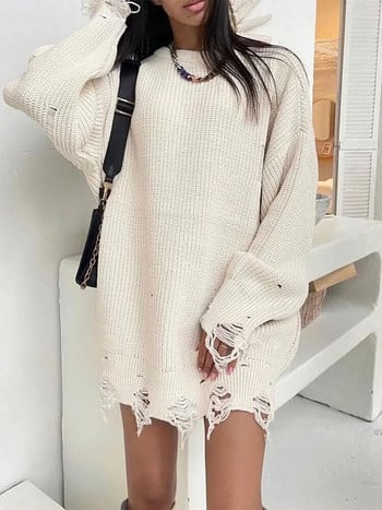 Γυναικεία μόδα με σκισμένο λαιμόκοψη με μακρυμάνικο πλεκτό πουλόβερ Γυναικεία casual loose πουλόβερ Top Office Lady Street Knitwear Πλεκτά πουλόβερ