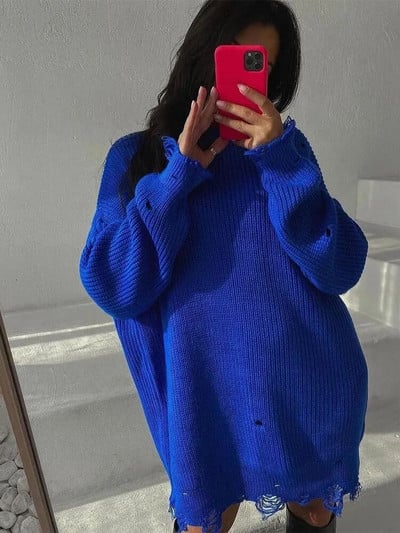 Γυναικεία μόδα με σκισμένο λαιμόκοψη με μακρυμάνικο πλεκτό πουλόβερ Γυναικεία casual loose πουλόβερ Top Office Lady Street Knitwear Πλεκτά πουλόβερ